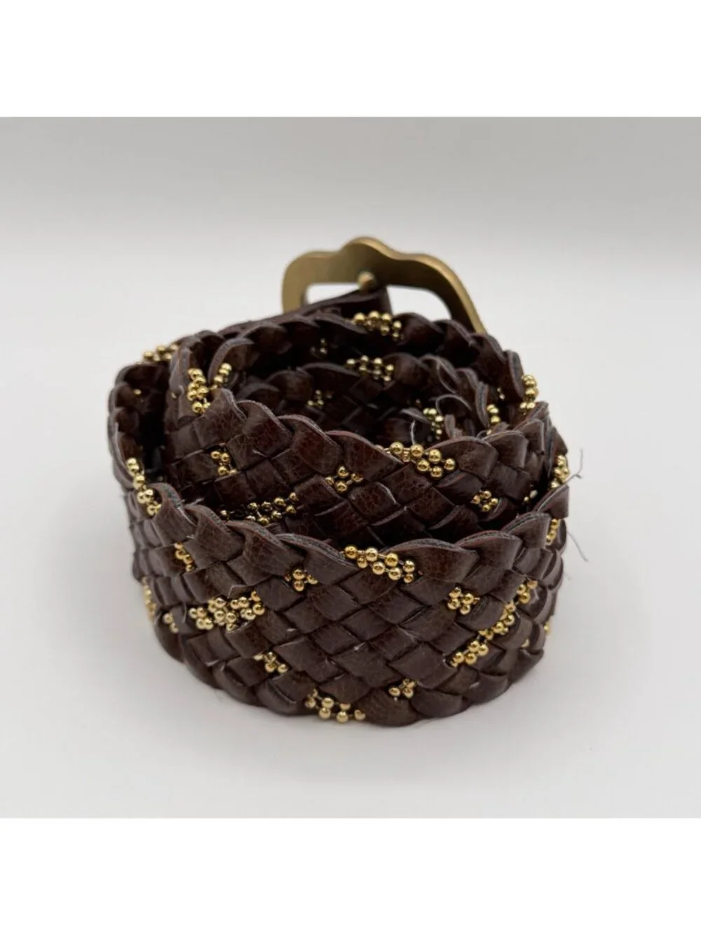 Kathy Van Zeeland Brown Braided Leather Belt w/ Bead Detail Boho Festival